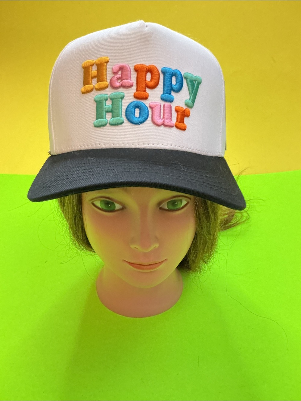 Happy Hour Embroidered Trucker Hat - White & Black